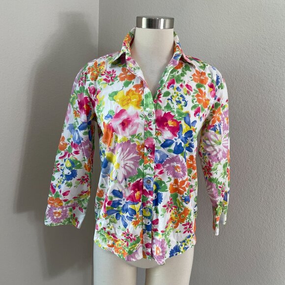 Chaps Womens Petite Small Floral Button Up Shirt 3/4 Sleeve Blouse Top Colorful - Picture 1 of 8